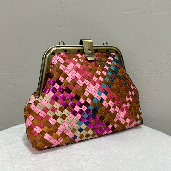 Colorful Genuine Woven Leather Retro Metal Frame & Push Lock Handbag, Crossbody - Picture 11 of 16